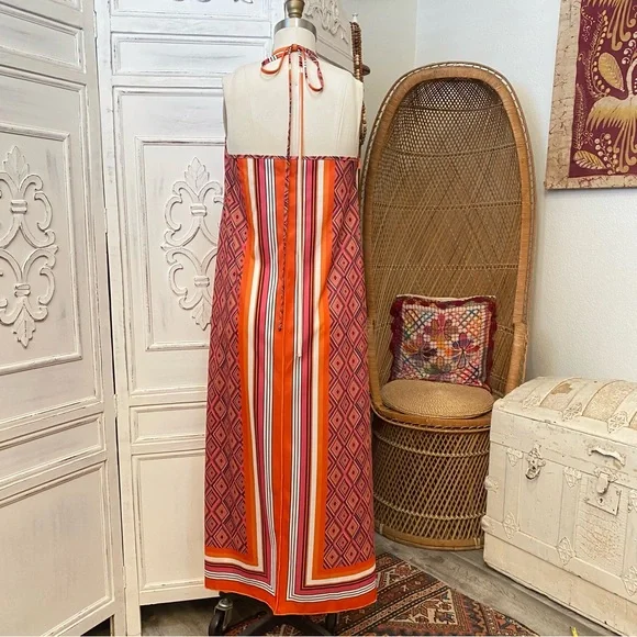 SALE💛 Zara Striped Halter Midi Dress Orange Black White Pink M Very 70s - Picture 6 of 9